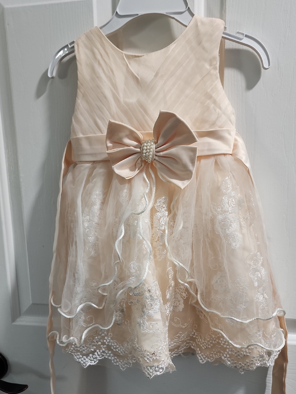 Girls Peach Lace Bow Party Dress